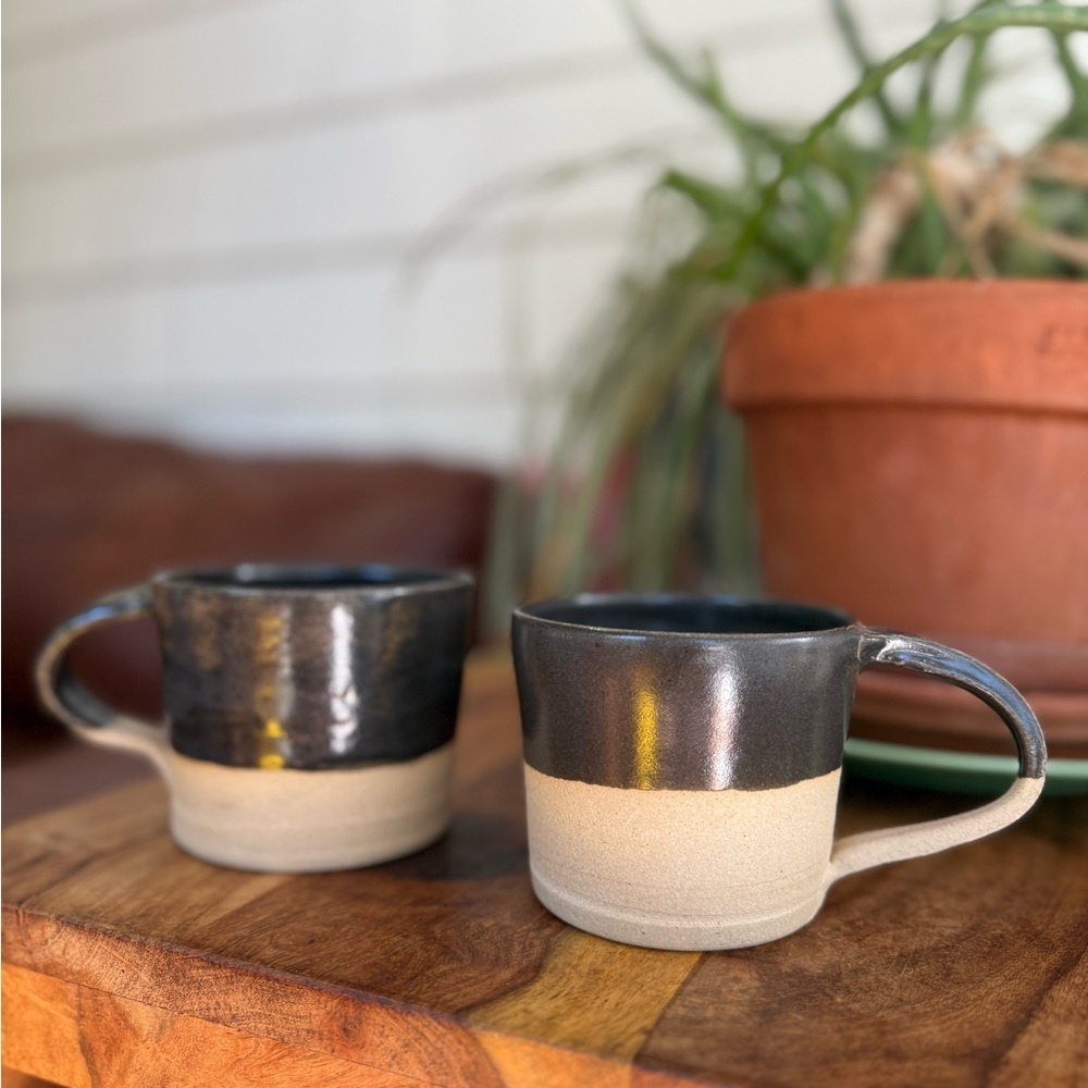 Handcrafted Studio Pottery Black and Tan Ceramic Mugs set of two